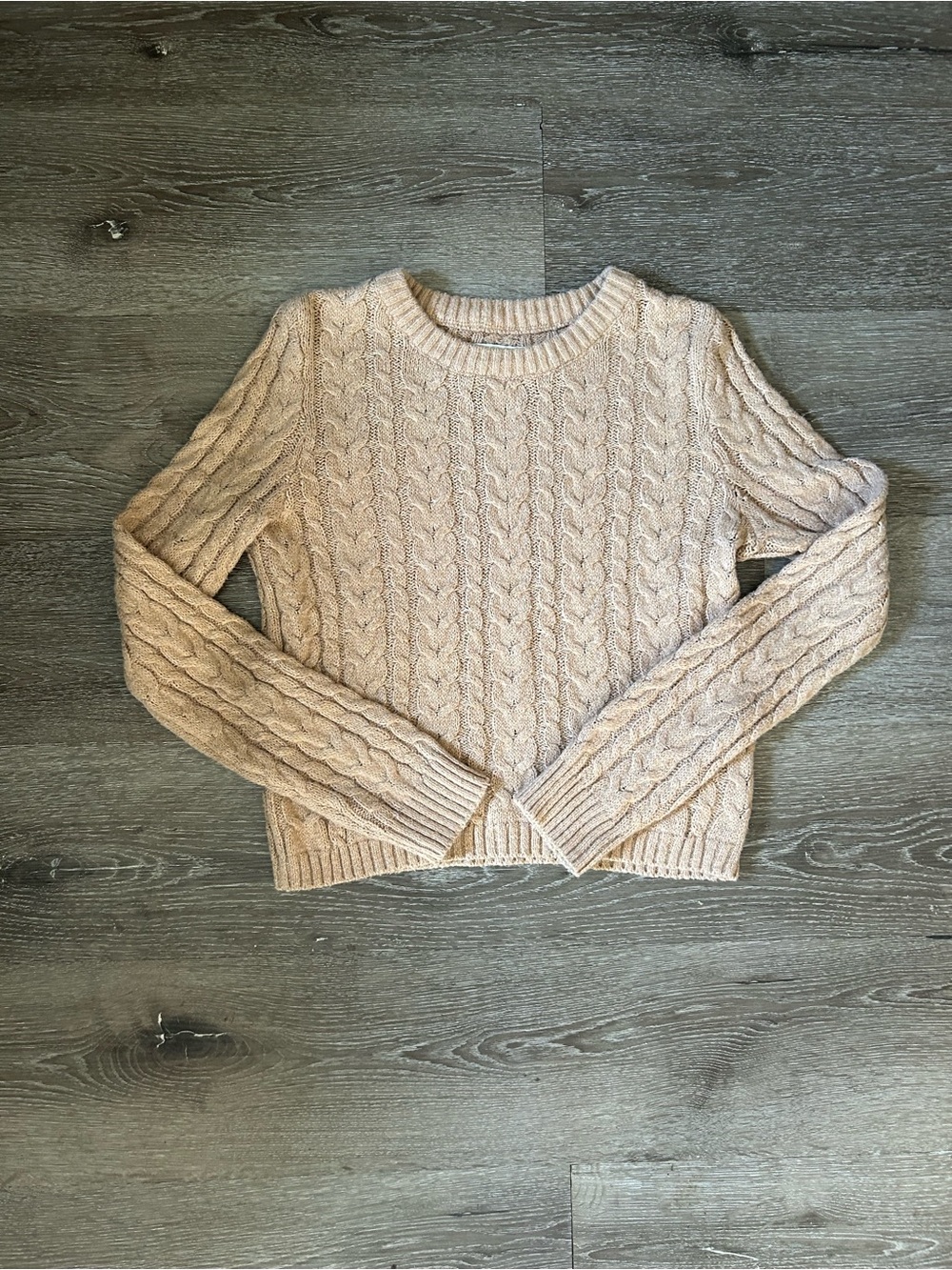 Women’s M Beige Tan Cropped Cozy Crew Neck Cable Knit Sweater American Eagle